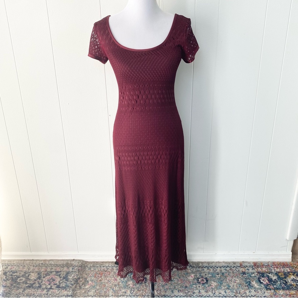 VTG Y2K Burgundy Bodycon Midi Dress Crochet Short Sleeve Daphne Frasier‎ Sz S - Picture 2 of 13